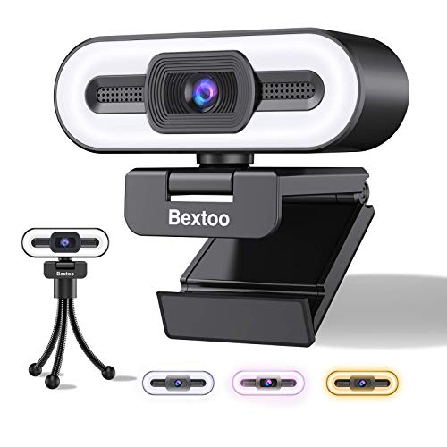 Bextoo Webcam 1080P HD, Cámara Web para PC con Anillo de Luz de 3 Colores y Micrófono Estéreo, Enfoque Automático, Plug and Play, Utilizado para Videollamadas y Reuniones, Enseñanza en Línea, Juegos