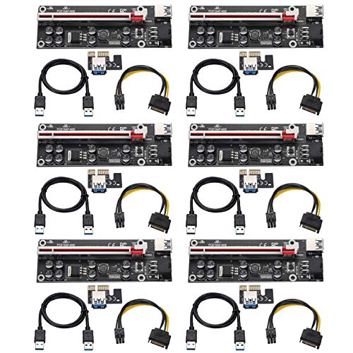 BEYIMEI PCIE Riser VER009S, PCI-E 1X a 16X de Tarjeta Vertical, con Cable de Extensión USB 3.0 de 0.6m + Cable SATA de 6-Pin, Tarjeta Extensora de GPU Riser para Ethereum Bitcoin Mining Eth (6pcs)