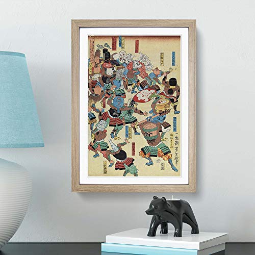 Big Box Art Lienzo decorativo con marco de Tsukioka Yoshitoshi, con texto "A Riot of Samurai de Tsukioka Yoshitoshi" listo para colgar, roble A2 (62 x 45 cm)