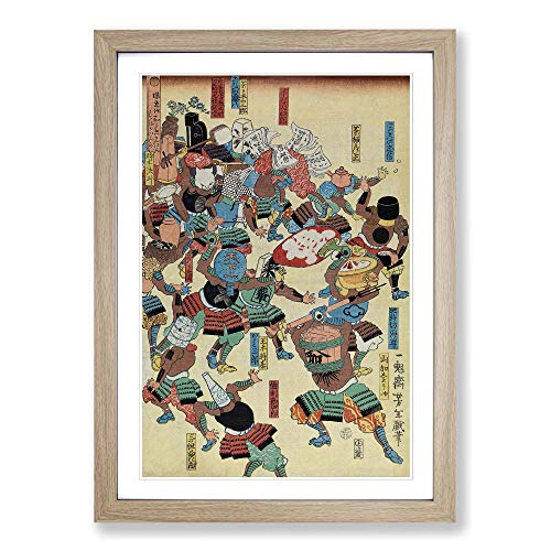 Big Box Art Lienzo decorativo con marco de Tsukioka Yoshitoshi, con texto "A Riot of Samurai de Tsukioka Yoshitoshi" listo para colgar, roble A2 (62 x 45 cm)