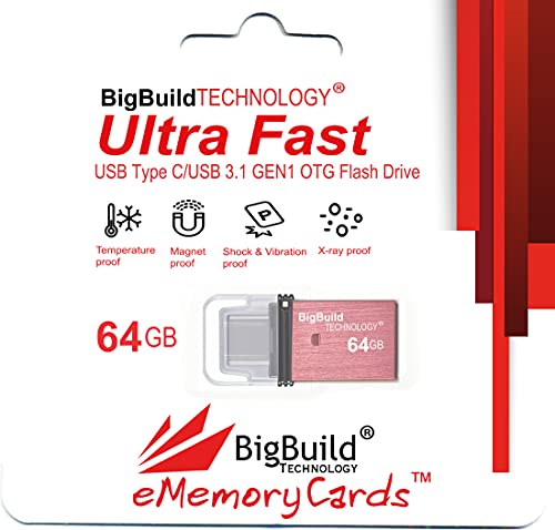 BigBuild Technology 64GB Red Dual Drive Type C OTG USB Memory Stick Compatible con Honor Play4, Play4 Pro, Play5, V30/Pro, V40/Lite Mobile