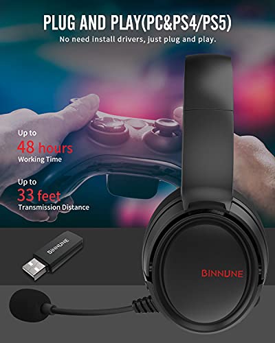 BINNUNE Cascos Inalambricos Gaming Auriculares Bluetooth con Micro para PS4 PS5 PC Playstation 4 5, Batería de 48 Horas, Wireless Headset Gamer con Microfono