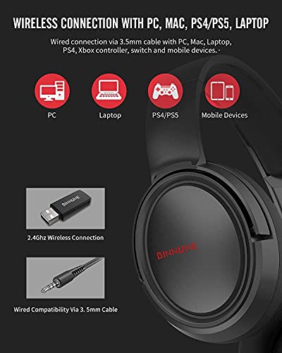 BINNUNE Cascos Inalambricos Gaming Auriculares Bluetooth con Micro para PS4 PS5 PC Playstation 4 5, Batería de 48 Horas, Wireless Headset Gamer con Microfono