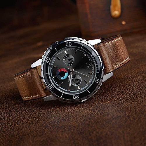 BISONSTRAP 21mm Correa de Reloj de Cuero, Pulsera de Repuesto Piel de Becerro Retro Hombre Mujer,Marrón/Hebilla Plateada