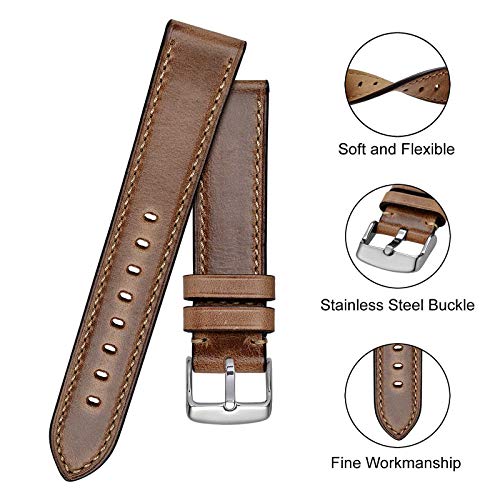 BISONSTRAP 21mm Correa de Reloj de Cuero, Pulsera de Repuesto Piel de Becerro Retro Hombre Mujer,Marrón/Hebilla Plateada