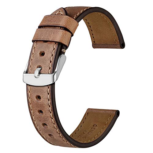 BISONSTRAP 21mm Correa de Reloj de Cuero, Pulsera de Repuesto Piel de Becerro Retro Hombre Mujer,Marrón/Hebilla Plateada