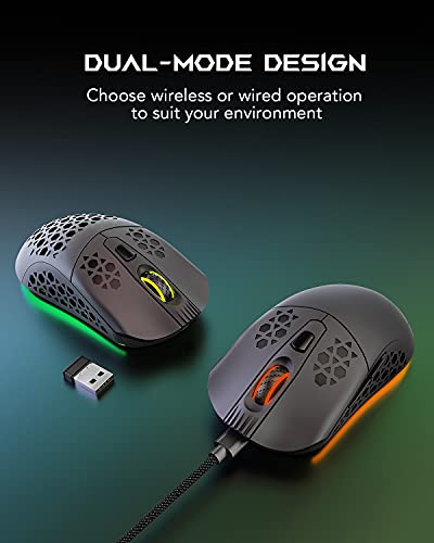 Black Shark Ratón Inalámbrico, Ratón Gaming Inalámbrico en Modo Dual, Raton USB Cable con Cáscara de Panal, 10K dpi, 6 Botones Programables, Recargable RGB Ratón Inalámbrico para PC Portatil Mako M1