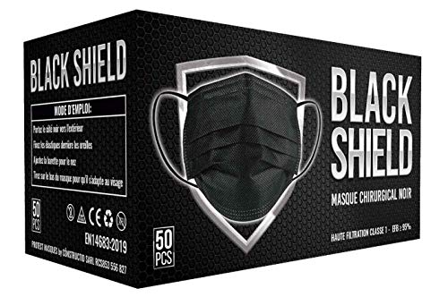 BLACK SHIELD - 102 unidades - Mascarilla Quirúrgica Tipo I Negra - Certificación CE - 3 capas - Filtración BFE > 95%.