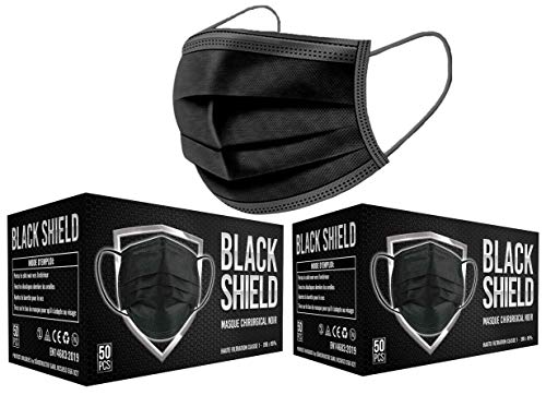BLACK SHIELD - 102 unidades - Mascarilla Quirúrgica Tipo I Negra - Certificación CE - 3 capas - Filtración BFE > 95%.