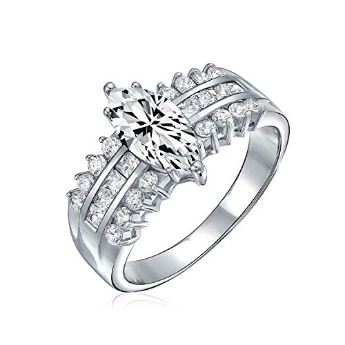 Bling Jewelry 2Ct Amplia Triple Fila 3 Zirconio Cúbico 925 AAA CZ Solitario Marquise Anillo De Compromiso Juego para Mujer