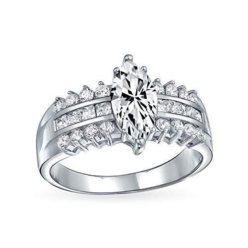 Bling Jewelry 2Ct Amplia Triple Fila 3 Zirconio Cúbico 925 AAA CZ Solitario Marquise Anillo De Compromiso Juego para Mujer