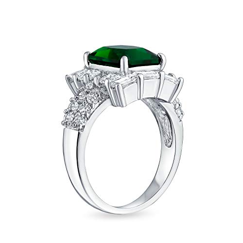 Bling Jewelry 5CT Cubic Zirconia CZ Pave Rectángulo Verde Simulado Corte Esmeralda Declaración Fashion Ring para Mujeres Plata Plateado Latón