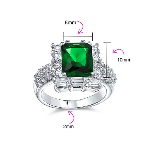 Bling Jewelry 5CT Cubic Zirconia CZ Pave Rectángulo Verde Simulado Corte Esmeralda Declaración Fashion Ring para Mujeres Plata Plateado Latón