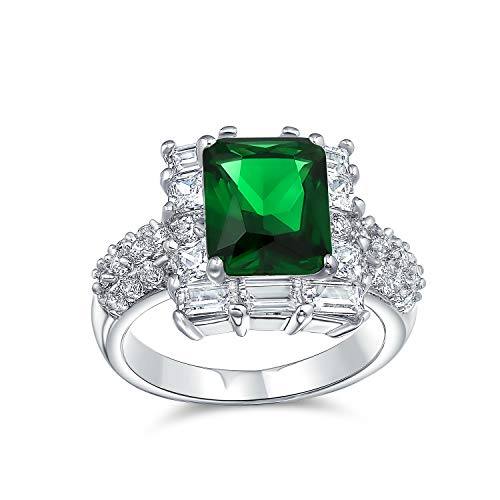 Bling Jewelry 5CT Cubic Zirconia CZ Pave Rectángulo Verde Simulado Corte Esmeralda Declaración Fashion Ring para Mujeres Plata Plateado Latón