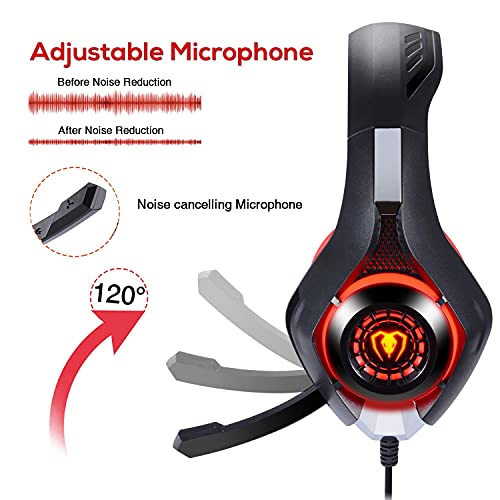 BlueFire Auriculares Gaming PS4, Cascos Gaming Ruido Reducción de Diademas Cerrados Profesional con Micrófono 3.5mm Compatible con PC Xbox One, PS4,Móvil(Rojo)