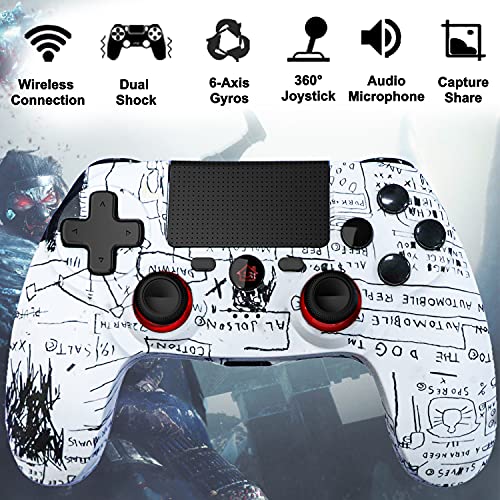 BMSARE Mando para PS4 Inalámbrico, Bluetooth PS4 Mandos Gamepad Joystick para PS4 Pro/Slim con 6 Axis Gyro Sensor | Dual Shock Vibración | Audio Micrófono | Touch Panel |600mah Batería(Graffiti)