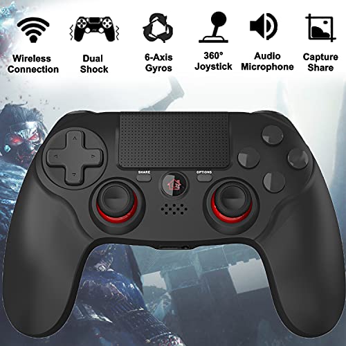 BMSARE Mando para PS4 Inalámbrico, PS4 Mandos Gamepad Joystick para PS4 Pro/Slim con 6 Axis Gyro Sensor | Dual Shock Vibración | Audio Micrófono| Touch Panel | 600mah Batería (Negro)