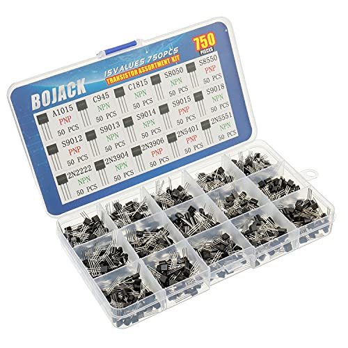 BOJACK 15 Valores 750 piezas A1015 C945 C1815 S8050 S9050 S9012 S9013 S9015 S9018 2N2222 2N3904 2N3906 2N5401 2N5551 PNP NPN Alimentación Transistores de propósito general Kit de surtido