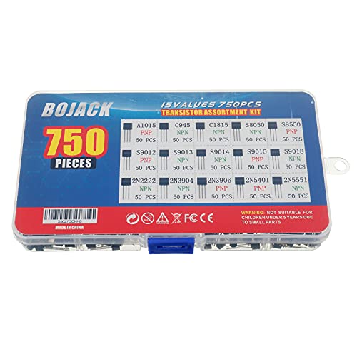 BOJACK 15 Valores 750 piezas A1015 C945 C1815 S8050 S9050 S9012 S9013 S9015 S9018 2N2222 2N3904 2N3906 2N5401 2N5551 PNP NPN Alimentación Transistores de propósito general Kit de surtido