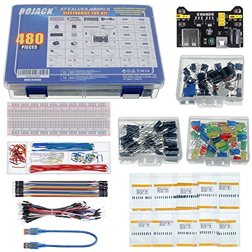 BOJACK 37 Values 480 piezas de componentes electrónicos con módulo de fuente de alimentación, cable de puente, potenciómetro de precisión,compatible con STM32, Raspberry Pi, Arduino