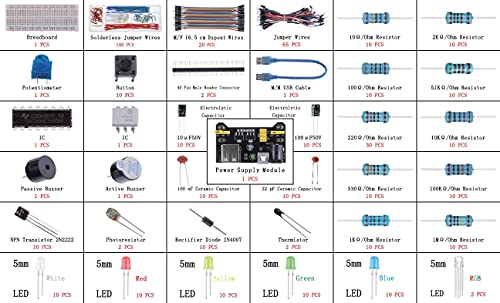 BOJACK 37 Values 480 piezas de componentes electrónicos con módulo de fuente de alimentación, cable de puente, potenciómetro de precisión,compatible con STM32, Raspberry Pi, Arduino