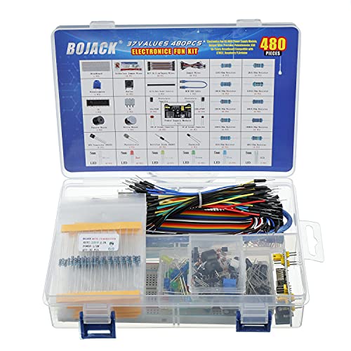 BOJACK 37 Values 480 piezas de componentes electrónicos con módulo de fuente de alimentación, cable de puente, potenciómetro de precisión,compatible con STM32, Raspberry Pi, Arduino