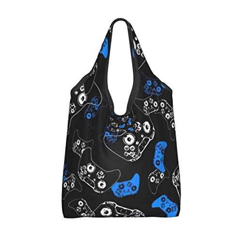 Bolsa de compras reutilizable para videojuegos, color azul sobre negro, bolso de hombro portátil, lavable, bolsa de comestibles, bolsas plegables para mujeres, viajes y uso diario