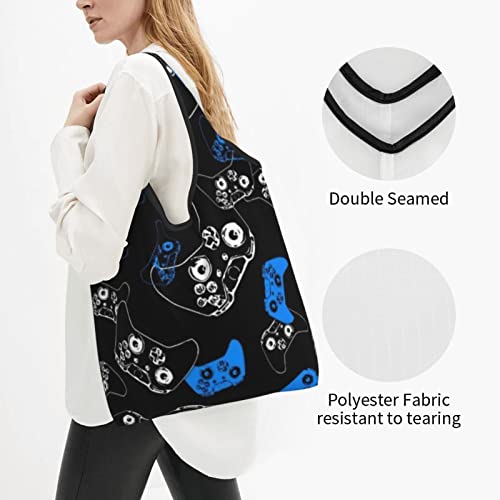 Bolsa de compras reutilizable para videojuegos, color azul sobre negro, bolso de hombro portátil, lavable, bolsa de comestibles, bolsas plegables para mujeres, viajes y uso diario