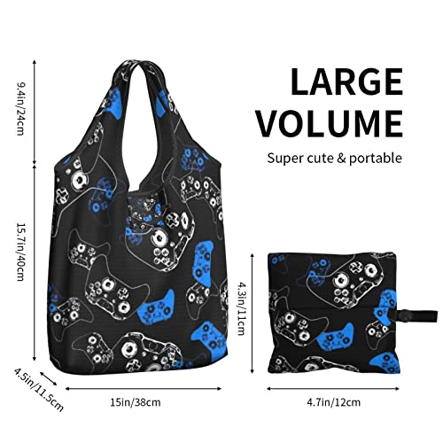 Bolsa de compras reutilizable para videojuegos, color azul sobre negro, bolso de hombro portátil, lavable, bolsa de comestibles, bolsas plegables para mujeres, viajes y uso diario
