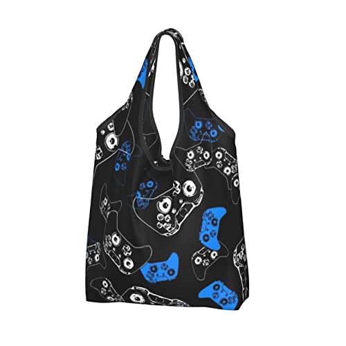 Bolsa de compras reutilizable para videojuegos, color azul sobre negro, bolso de hombro portátil, lavable, bolsa de comestibles, bolsas plegables para mujeres, viajes y uso diario