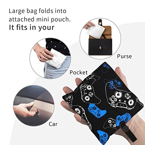 Bolsa de compras reutilizable para videojuegos, color azul sobre negro, bolso de hombro portátil, lavable, bolsa de comestibles, bolsas plegables para mujeres, viajes y uso diario