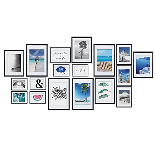 bomoe Set de 18 marcos de fotos Paradise - marcos de fotos para pared de plástico con passepartout - 6x 10,5x15cm / 4x 13x18cm / 4x 18x24cm / 4x 20x30cm – Posición vertical y horizontal - negro