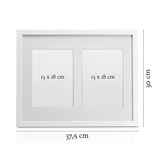bomoe Set de 4 marcos de fotos Galeria – Marcos de fotos de madera para fotos 13x18cm con passepartout y cristal plástico – 4 marcos de fotos con 2 fotos de madera MDF – Blanco