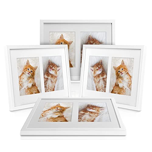 bomoe Set de 4 marcos de fotos Galeria – Marcos de fotos de madera para fotos 13x18cm con passepartout y cristal plástico – 4 marcos de fotos con 2 fotos de madera MDF – Blanco