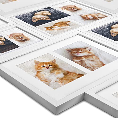 bomoe Set de 4 marcos de fotos Galeria – Marcos de fotos de madera para fotos 13x18cm con passepartout y cristal plástico – 4 marcos de fotos con 2 fotos de madera MDF – Blanco