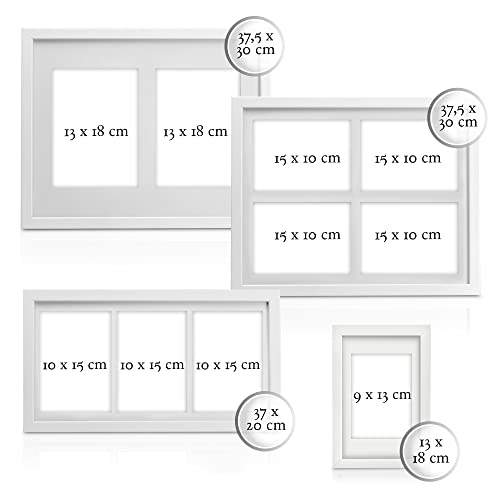 bomoe Set de 7 marcos de fotos Galeria – Marcos de fotos de madera con passepartout Marcos de fotos de madera y vidrío plástico para fotos 10x15cm y 13x18cm – Blanco