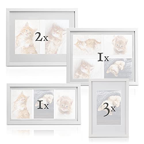 bomoe Set de 7 marcos de fotos Galeria – Marcos de fotos de madera con passepartout Marcos de fotos de madera y vidrío plástico para fotos 10x15cm y 13x18cm – Blanco