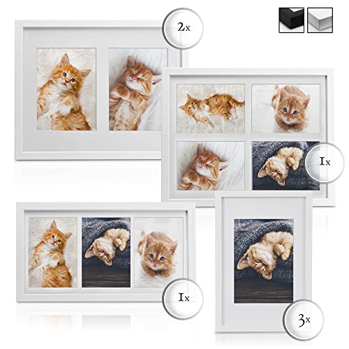 bomoe Set de 7 marcos de fotos Galeria – Marcos de fotos de madera con passepartout Marcos de fotos de madera y vidrío plástico para fotos 10x15cm y 13x18cm – Blanco