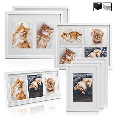 bomoe Set de 7 marcos de fotos Galeria – Marcos de fotos de madera con passepartout Marcos de fotos de madera y vidrío plástico para fotos 10x15cm y 13x18cm – Blanco