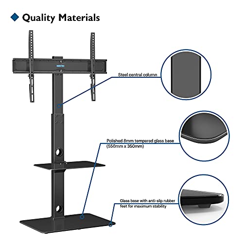 BONTEC Soporte TV Pie Universal para TV de 30-70 Pulgadas de Plasma LED OLED LCD, Ajustable en Altura, Soporte TV Suelo con Estantes de Vidrio Templado de 2 Niveles, hasta 40 Kg, VESA MÁX. 600x400 mm