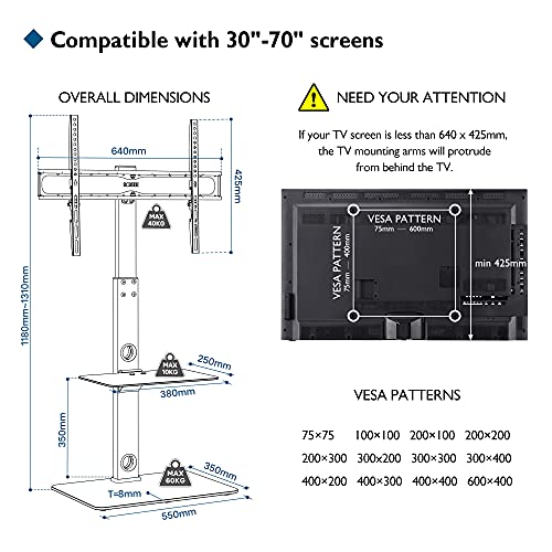 BONTEC Soporte TV Pie Universal para TV de 30-70 Pulgadas de Plasma LED OLED LCD, Ajustable en Altura, Soporte TV Suelo con Estantes de Vidrio Templado de 2 Niveles, hasta 40 Kg, VESA MÁX. 600x400 mm