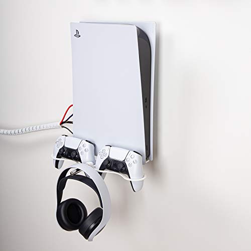 Borangame, Soporte de Pared PlayStation 5 Disk e Digital Edition, Base Vertical para PS5, Soporte para dos Mandos y Auriculares Play 5, en Hierro con Recubrimiento de Polvo, Blanco