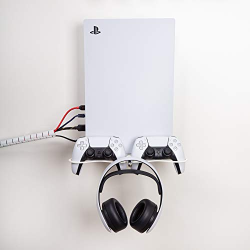 Borangame, Soporte de Pared PlayStation 5 Disk e Digital Edition, Base Vertical para PS5, Soporte para dos Mandos y Auriculares Play 5, en Hierro con Recubrimiento de Polvo, Blanco