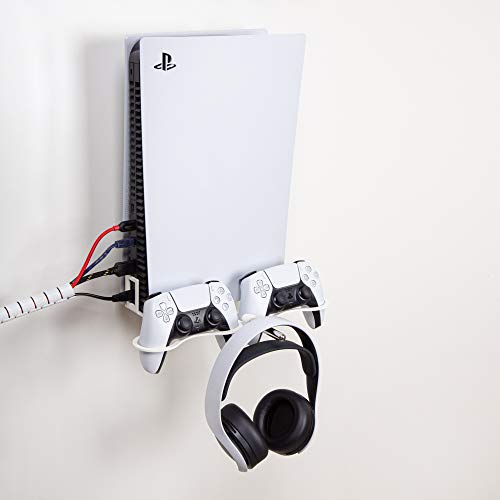 Borangame, Soporte de Pared PlayStation 5 Disk e Digital Edition, Base Vertical para PS5, Soporte para dos Mandos y Auriculares Play 5, en Hierro con Recubrimiento de Polvo, Blanco
