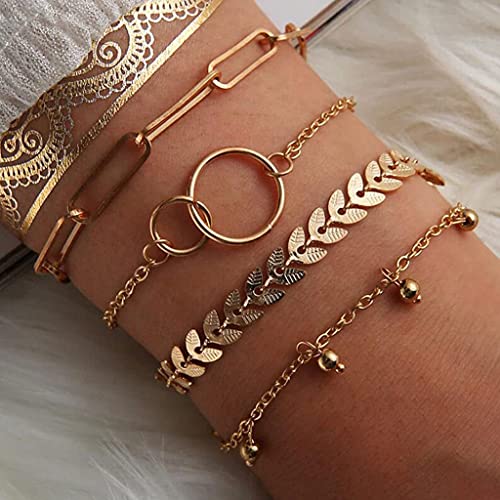 Branets Juego de pulseras en capas Boho Pulsera de círculo dorado Cadena de mano con cuentas Accesorios de joyería para mujeres y niñas (4 piezas)