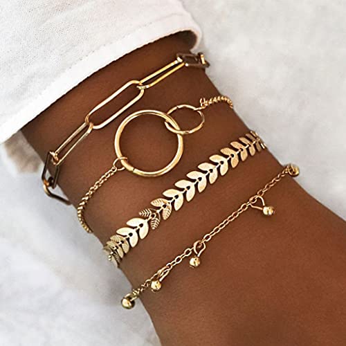 Branets Juego de pulseras en capas Boho Pulsera de círculo dorado Cadena de mano con cuentas Accesorios de joyería para mujeres y niñas (4 piezas)