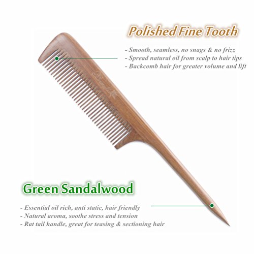 Breezelike No Static Green Sandalwood Comb Fine Tooth Teasing Tail Comb with Long and Thin Handle by Breezelike