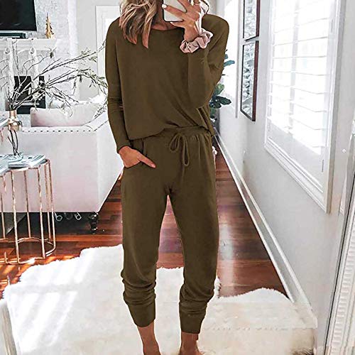 Briskorry Traje de tiempo libre para mujer, traje deportivo de dos piezas, cuello redondo, mangas largas, cintura elástica, informal, de un solo color, con bolsillos, ropa deportiva suelta., marrón, L