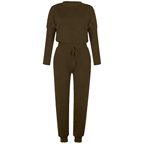 Briskorry Traje de tiempo libre para mujer, traje deportivo de dos piezas, cuello redondo, mangas largas, cintura elástica, informal, de un solo color, con bolsillos, ropa deportiva suelta., marrón, L