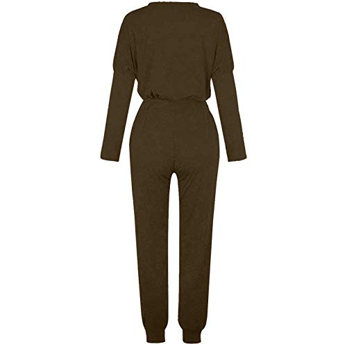 Briskorry Traje de tiempo libre para mujer, traje deportivo de dos piezas, cuello redondo, mangas largas, cintura elástica, informal, de un solo color, con bolsillos, ropa deportiva suelta., marrón, L